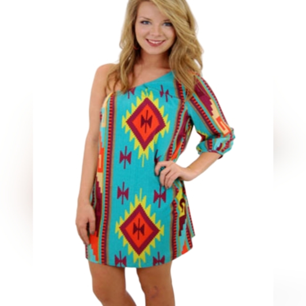 DEJAVU  Women's Mini Dress Green abstract Print‎ 1 Shoulder Size S Small